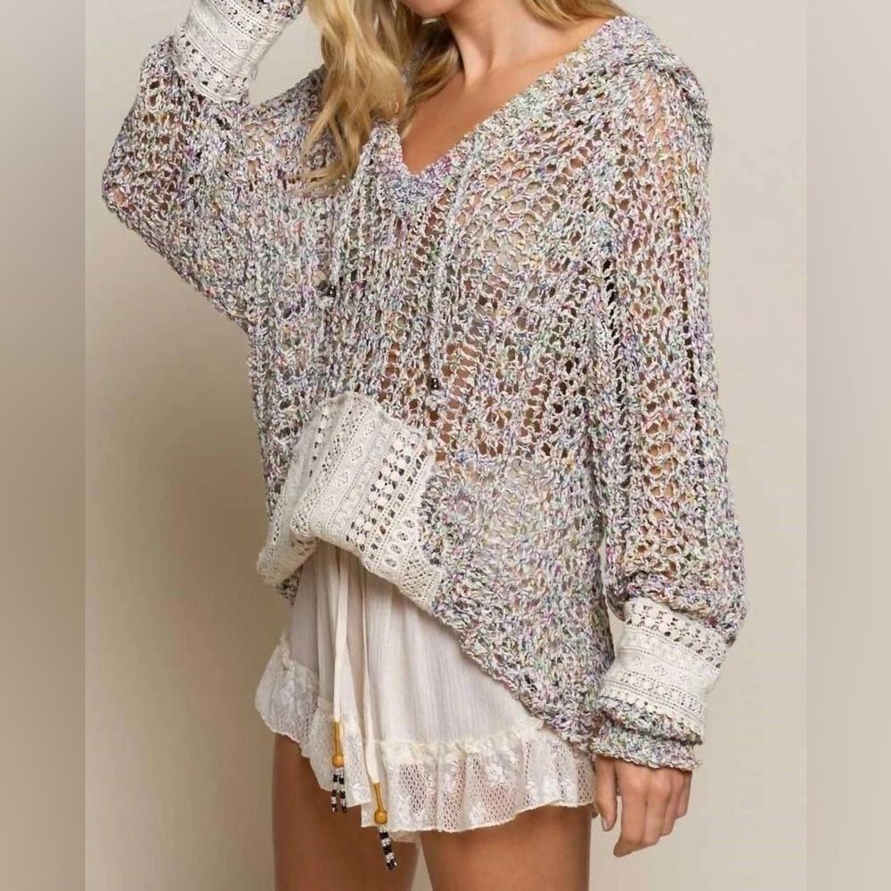 Anthropologie POL Boho Pastel Knit V-Neck Sweater